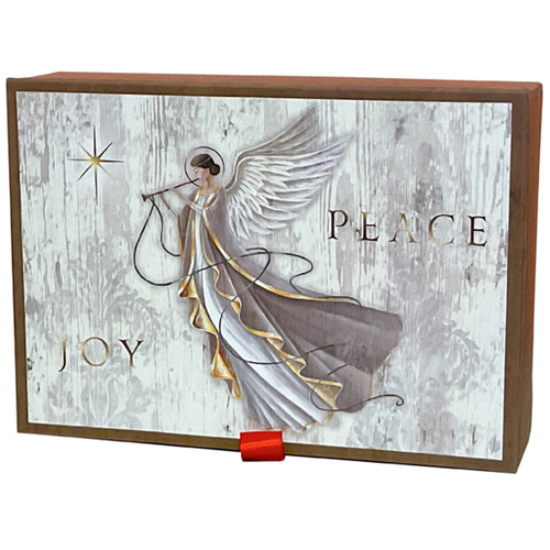 Angel with Gold Trimmed Robe: Peace, Joy, Gold Star Glitter Keepsake Box of 14 Christmas Cards: Peace - Joy
