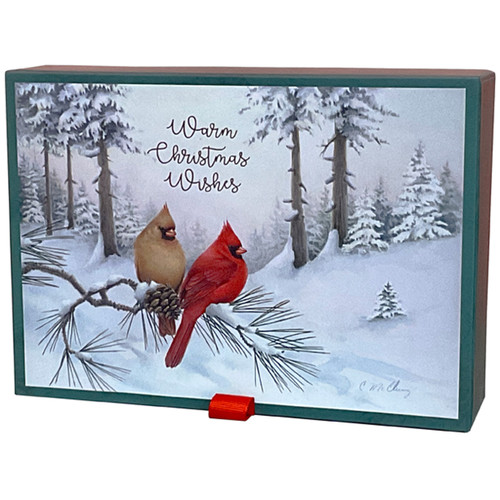 Snowbound Cardinals on Thin Pine Branch Glitter Keepsake Box of 14 Christmas Cards: Warm Christmas Wishes