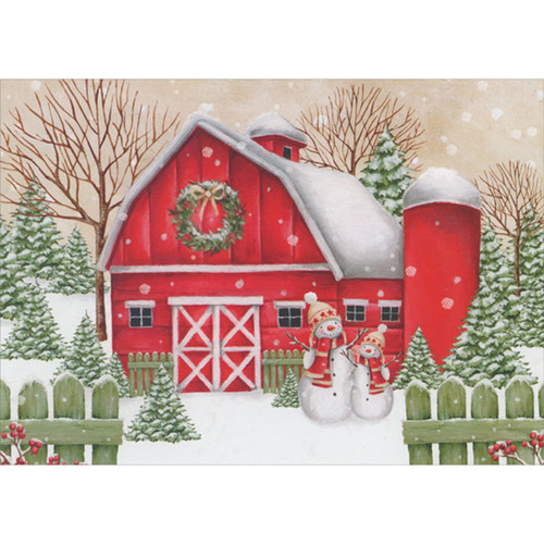 Red Barn, Fence and Two Snowmen in Lightly Falling Snow Box of 16 Christmas Cards