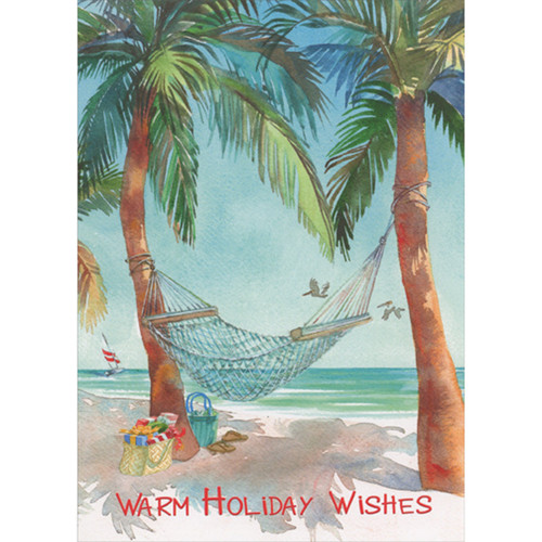 Warm Holiday Wishes: Empty Blue Hammock Between Palm Trees Box of 18 Tropical Christmas Cards: Warm Holiday Wishes