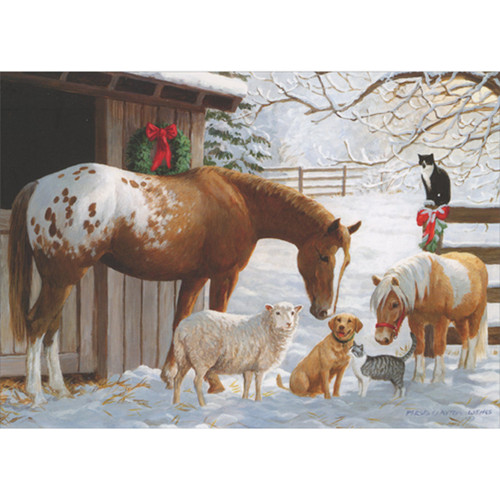 Horse, Lamb, Dog, Cat and Pony Near Snow Covered Barn Door and Fence Box of 18 Christmas Cards