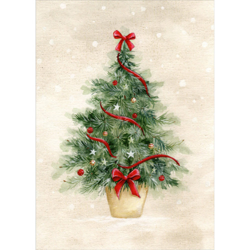Small Christmas Tree with Red Ribbon on Earthtone Background Christmas Card