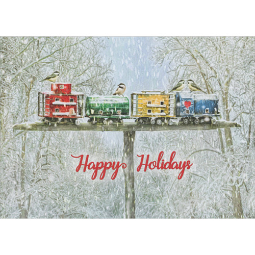 Chickadees on Snow Covered Colorful Train Bird Feeder Christmas Card: Happy Holidays