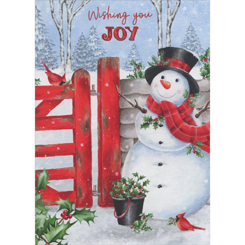 Red Fence, Snowman and Cardinals Collecting Holly: Wishing You Joy Christmas Card: Wishing you Joy