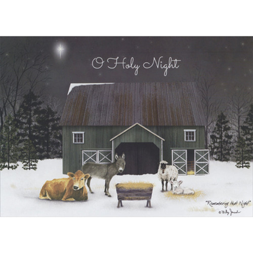 O Holy Night Farm: Barn, Cow, Donkey Lamb and Sheep Near Manger Religious Christmas Card: O Holy Night