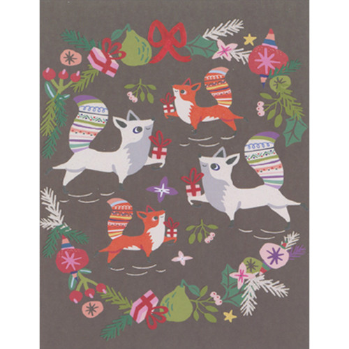 Four Cute Foxes Inside Wreath on Earthtone Background Box of 10 Christmas Cards