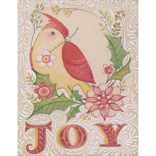 Joy: Cardinal, Holly and Poinsettia on Brown with White Vines Box of 10 Christmas Cards: JOY