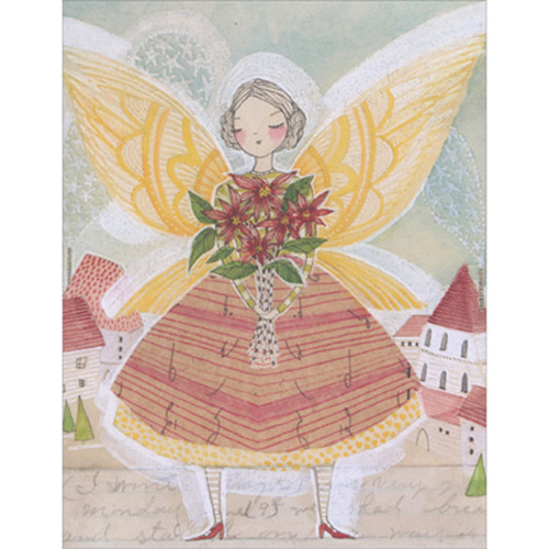 Angel with Gold Wings Holding Flower Bouquet Box of 10 Christmas Cards