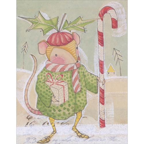 Mouse with Green Coat Holiding Present and Candy Cane Box of 10 Christmas Cards