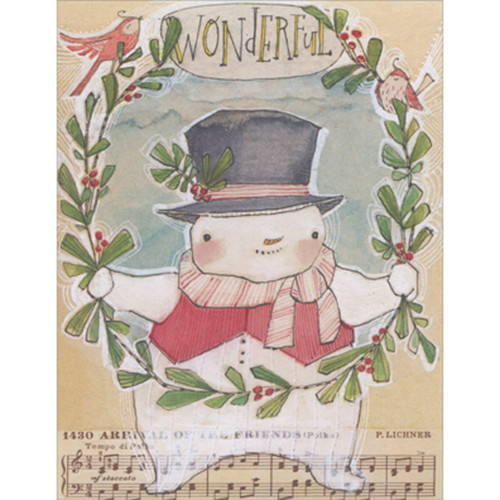 Cute Snowman with Red Vest Holding Holly Wreath Box of 10 Christmas Cards: Wonderful