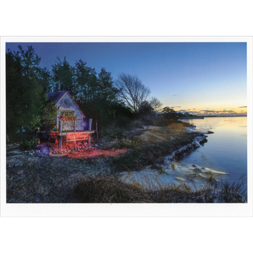 Happy Holidays Lights: Cabin on Stilts at Lake Shore Photo Box of 10 Christmas Cards