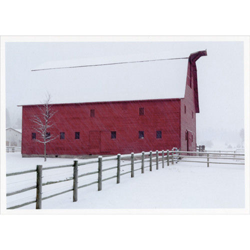 Red Barn and Fence in Winter Photo Christmas Card