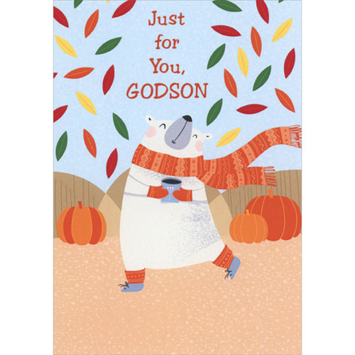 Dancing Polar Bear Holding Hot Chocolate in Falling Leaves Juvenile Thanksgiving Card for Young Godson: Just for You, Godson