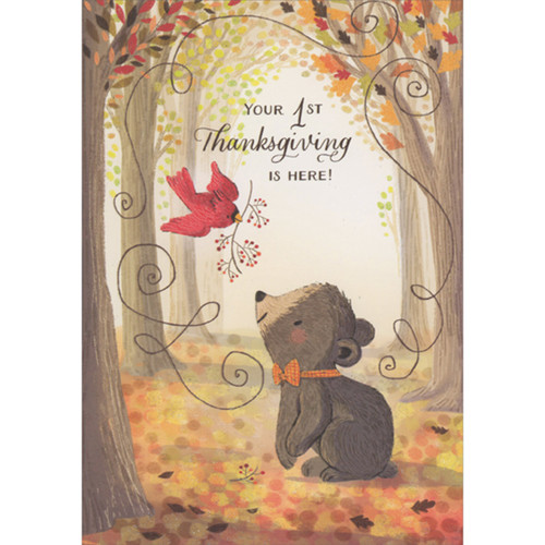 Cardinal Giving Holly Branch to Small Brown Bear Baby's 1st / First Thanksgiving Card: Your 1st Thanksgiving is here!