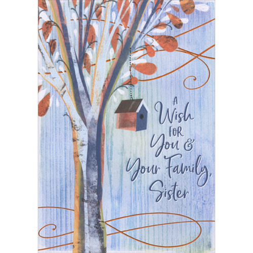 Birdhouse Hanging from Tree with Blue Background Thanksgiving Card for Sister and Family: A Wish for You & Your Family, Sister