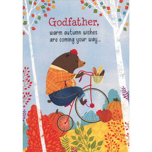 Bear Riding Up Hill on Antique Bike Juvenile Thanksgiving Card for Godfather: Godfather, warm autumn wishes are coming your way…