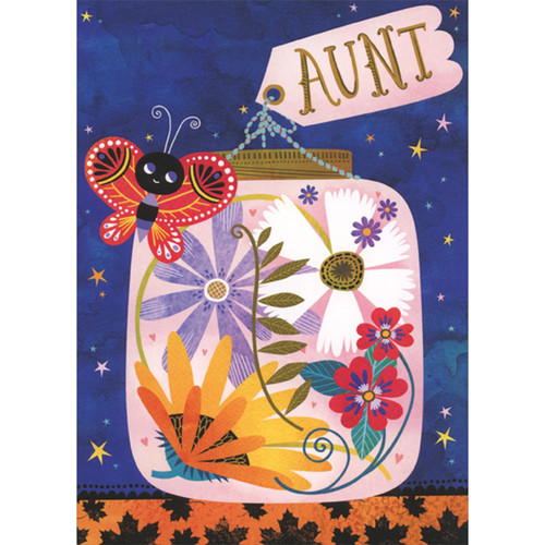 Cute Butterfly with Jar Full of Flowers Against Night Sky Juvenile Thanksgiving Card for Aunt: Aunt