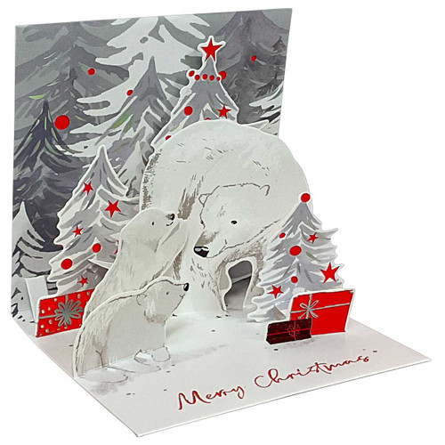 Polar Bear and Cubs, Silver and Red Foil Accented Evergreen Trees 3D Pop-Up Christmas Card