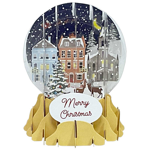 Village Glow: 3 Buildings, Tree, Deer and Santa Flying Across the Night Sky 5 Inch 3D Pop-Up Snow Globe Christmas Card