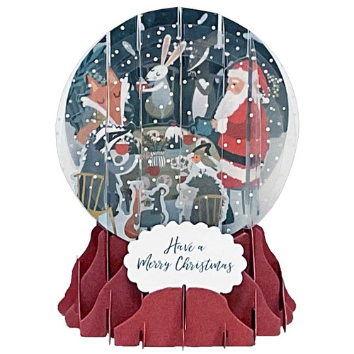 Christmas Gathering: Santa and Animals Sharing Treats and Cocoa 5 Inch 3D Pop-Up Snow Globe Christmas Card