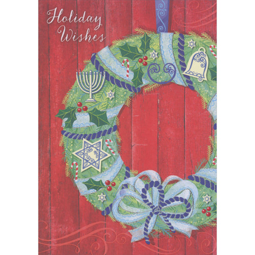 Holiday Wishes: Hanukkah and Christmas Symbols on Green Wreath Interfaith Holiday Card: Holiday Wishes