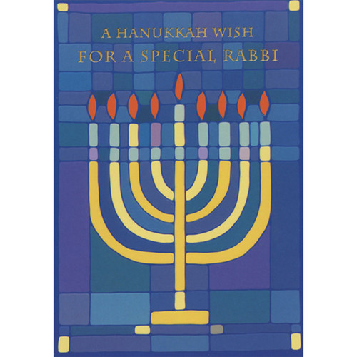 Yellow Menorah with Orange Flames on Blue and Purple Blocks Hanukkah Card for Rabbi: A Hanukkah Wish for a Special Rabbi