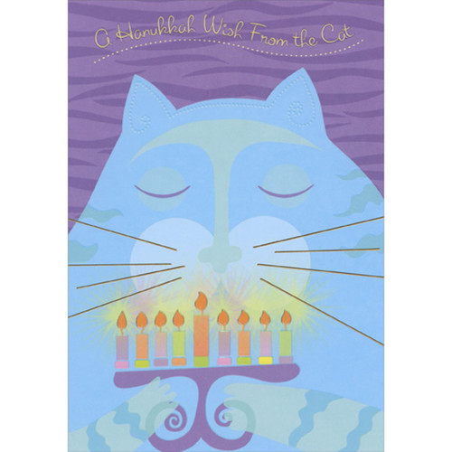 Closeup of Blue Cat with Closed Eyes Holding Menorah Hanukkah Card from Cat: A Hanukkah Wish From the Cat