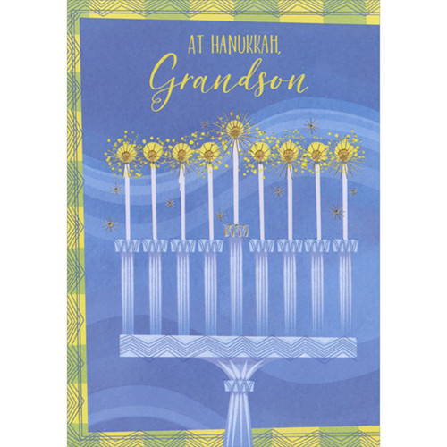 Light Blue Menorah, Tall White Candles and Gold Foil Starburst Flames Hanukkah Card for Grandson: At Hanukkah, Grandson