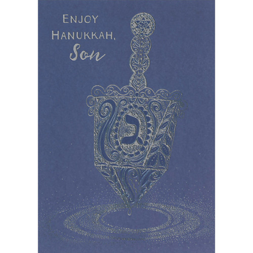 Large Silver Foil Dreidel on Dark Purple Background Hanukkah Card for Son: Enjoy Hanukkah, Son