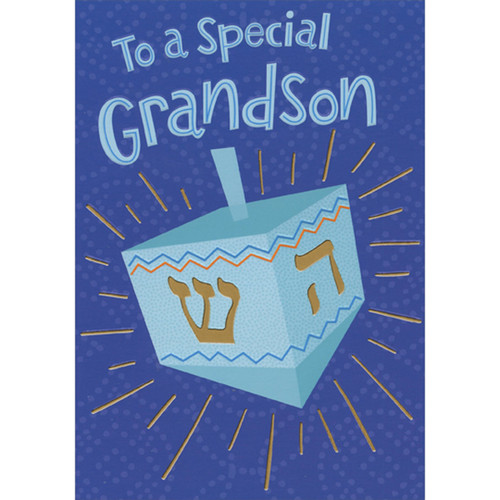 Teal Dreidel with Gold Foil Accents on Dark Blue Juvenile Hanukkah Card for Young Grandson: To a Special Grandson