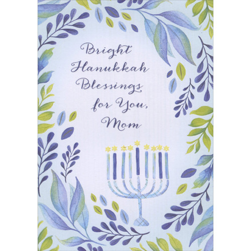 Bright Blessings: Light Blue Menorah with Sparkling Flames and Floral Border Hanukkah Card for Mom: Bright Hanukkah Blessings for You, Mom