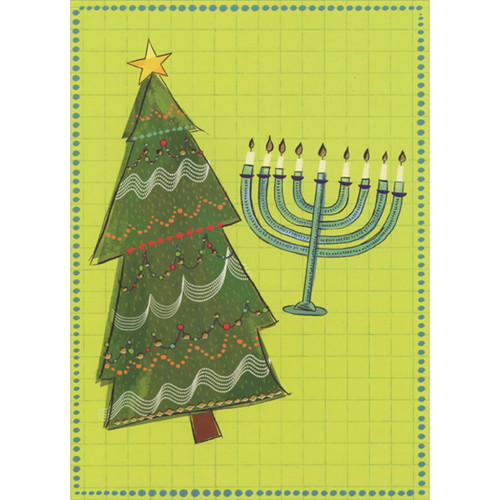 Gold Foil Accented Tree and Menorah on Light Green Funny Interfaith Hanukkah and Christmas Holiday Card
