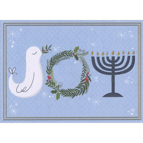 Joy, Dove, Wreath and Menorah on Light Blue Interfaith Hanukkah and Christmas Holiday Card: JOY