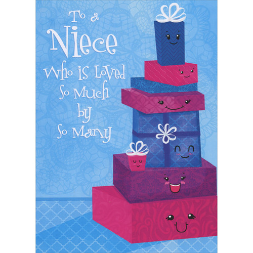 Stack of Blue, Pink, Red and Blue Presents with Smiley Faces Juvenile Hanukkah Card for Niece: To a Niece who is loved so much by so many
