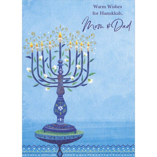 Blue Menorah with Floral Artwork and Leaves on Branches Hanukkah Card for Mom and Dad: Warm Wishes for Hanukkah, Mom and Dad