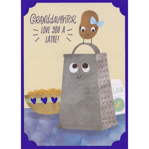 Cute Potato with Blue Bow, Grater, Bowl and Flour Bag Juvenile Hanukkah Card for Granddaughter: Granddaughter, Love You a Latke!