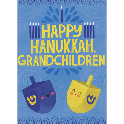 Two Blue and Yellow Smiling Dreidels on Blue Background Juvenile Hanukkah Card for Grandchildren: Happy Hanukkah, Grandchildren