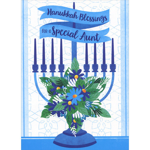 Blue Menorah, Dark and Light Blue Flowers with Deep Green Leaves Hanukkah Card for Aunt: Hanukkah Blessings for a Special Aunt