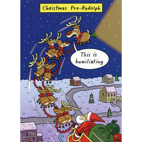 Pre-Rudolph Flying Reindeer with Flashlight Funny / Humorous Christmas Card: Christmas Pre-Rudolph - This is humiliating