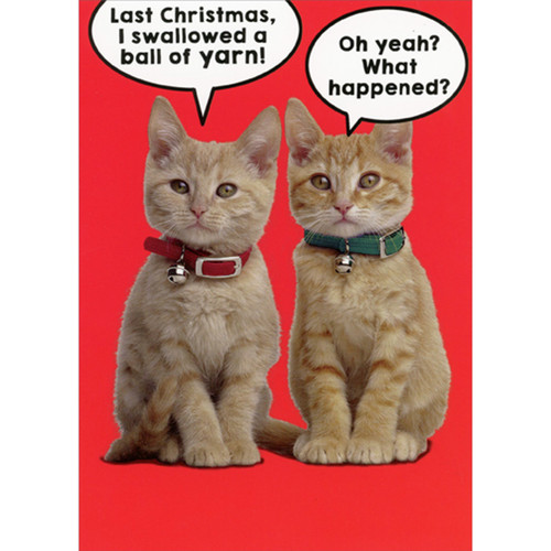 Two Kittens Swallowed a Ball of Yarn Funny / Humorous Christmas Card: Last Christmas, I swallowed a ball of yarn! Oh yeah? What happened?