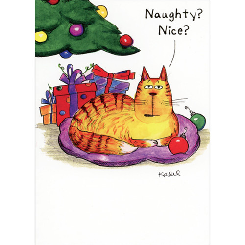 Naughty or Nice Cat on Purple Pillow Funny / Humorous Christmas Card from Cat: Naughty? Nice?