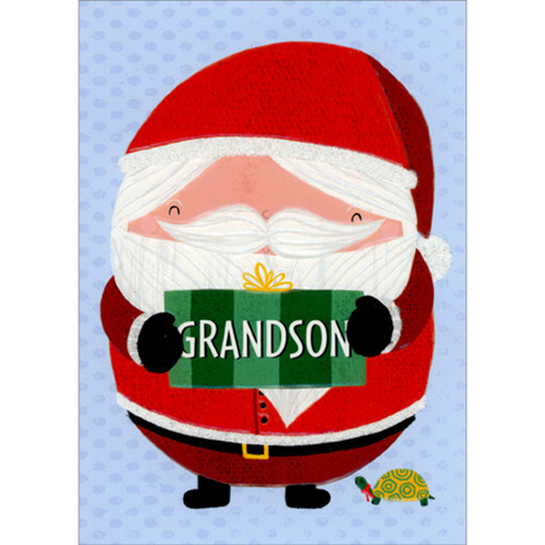 Cute Santa Holding Green Present with Gold Bow Christmas Card for Grandson: Grandson