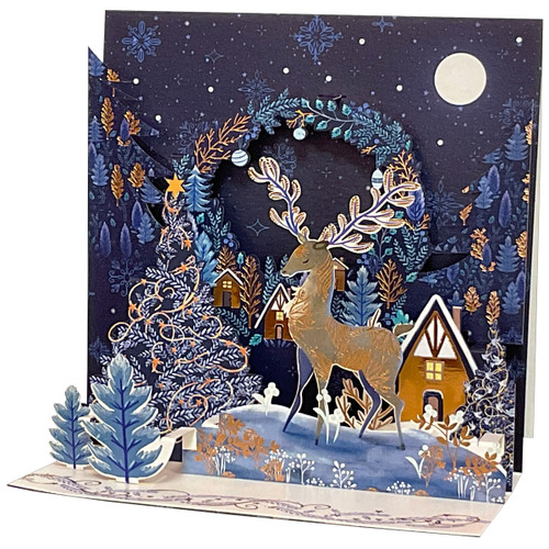 Reindeer with Leaves Antlers with Moonlit Sky 6 1/4 Inches Tall 3D Pop-Up Christmas Card