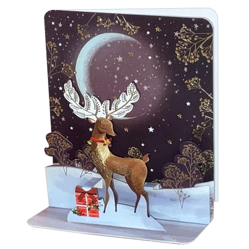 Reindeer with Leaves Antlers, Dark Sky, Crescent Moon 4 3/4 Inches Tall 3D Pop-Up Christmas Card
