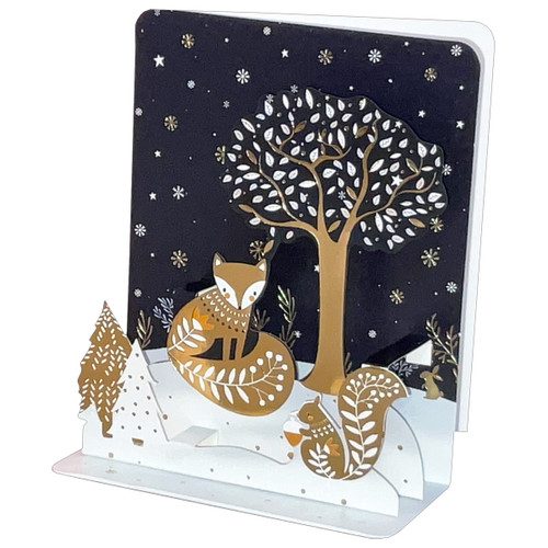 Gold Tree with Fox and Squirrel 4 3/4 Inches Tall 3D Pop-Up Christmas Card