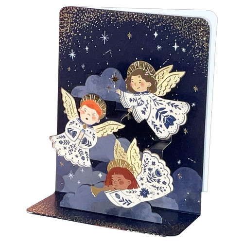 Three Angels Flying Above Clouds 4 3/4 Inches Tall 3D Pop-Up Christmas Card