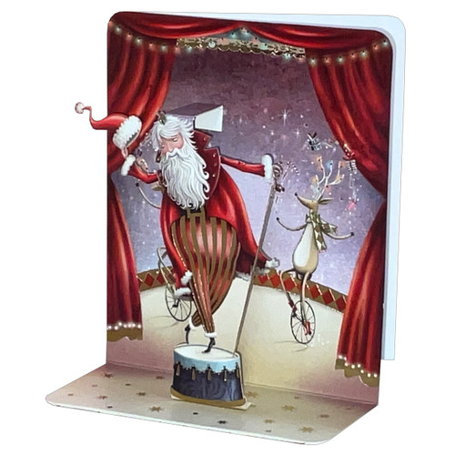Santa and Reindeer on Performing on Stage 4 3/4 Inches Tall 3D Pop-Up Christmas Card