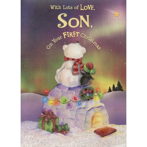 Polar Bear Cub and Penguin Sitting on Igloo 1st / First Christmas Card for Son: With Lots of Love, Son, on your First Christmas