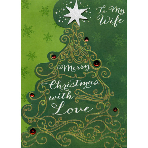Swirling Gold Foil Outlined Tree and Sparkling White 3D Star Hand Decorated Christmas Card for Wife: To My Wife - Merry Christmas with Love