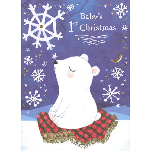 Polar Bear Cub with Closed Eyes Sitting on Plaid Blanket Baby's 1st Christmas Card: Baby's 1st Christmas